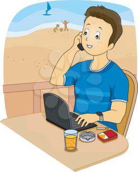 Royalty Free Clipart Image of a Man on Vacation Working on a Laptop