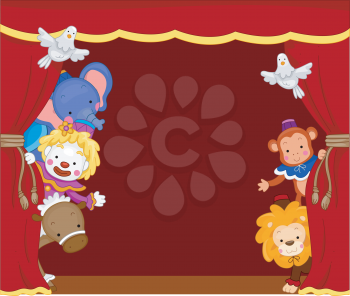 Royalty Free Clipart Image of Circus Clowns and Animals Behind a Stage Curtain