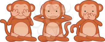 Royalty Free Clipart Image of a Group of See No Evil, Hear No Evil, Speak No Evil Monkeys