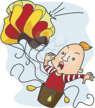 Royalty Free Clipart Image of a Man in a Falling Hot Air Balloon