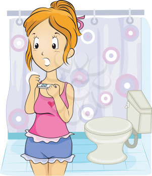 Royalty Free Clipart Image of a Girl Using a Home Pregnancy Test