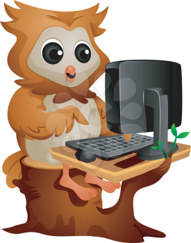 Royalty Free Clipart Image of an Owl Using a Computer