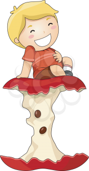 Royalty Free Clipart Image of a Boy on Top of an Apple Core