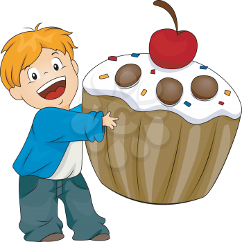 Royalty Free Clipart Image of a Boy With a Cupcake