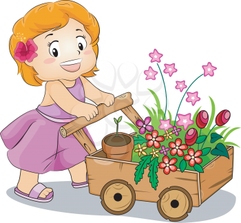 Royalty Free Clipart Image of a Little Girl Pushing a Cart of Flowers