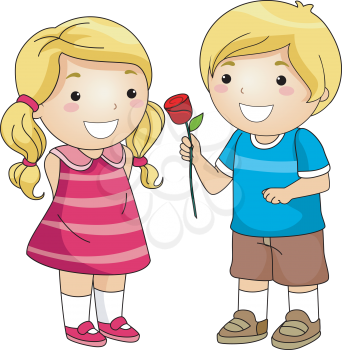 Royalty Free Clipart Image of a Boy Giving a Girl a Rose