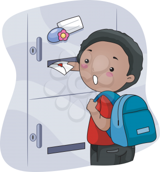 Royalty Free Clipart Image of a Boy Putting a Love Letter in s Locker