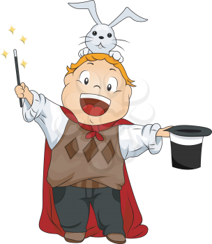 Royalty Free Clipart Image of a Boy Magician With a Rabbit on His Head