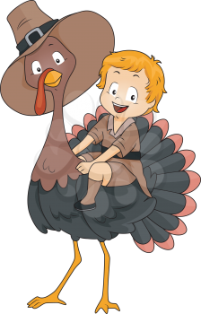 Royalty Free Clipart Image of a Pilgrim Turkey With a Boy on His Back