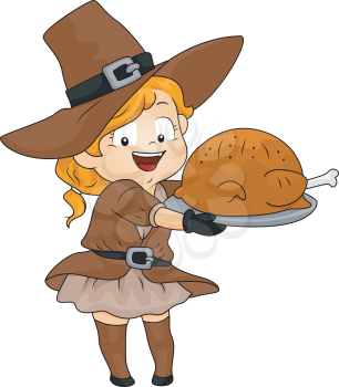 Royalty Free Clipart Image of a Little Girl in a Pilgrim Costume With a Turkey
