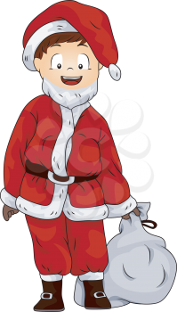 Royalty Free Clipart Image of a Child in a Santa Suit With a Bag