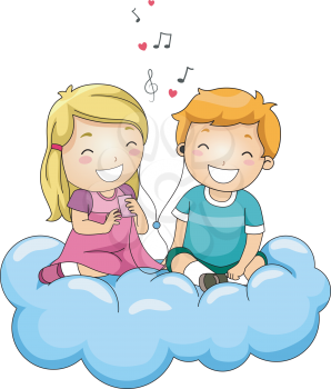 Royalty Free Clipart Image of Two Children on a Cloud Listening to Music