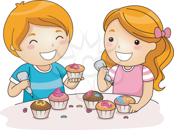Royalty Free Clipart Image of Children Decorating Cupcakes