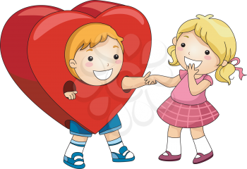 Royalty Free Clipart Image of a Boy in a Heart Holding a Girl's Hand