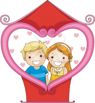 Royalty Free Clipart Image of a Boy and Girl Having Their Picture Taken in a Photo Booth