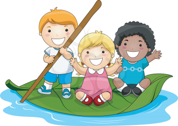Royalty Free Clipart Image of Children Floating on a Leaf