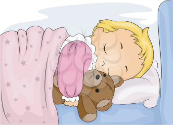 Royalty Free Clipart Image of a Baby Girl Sleeping With Her Teddy Bear