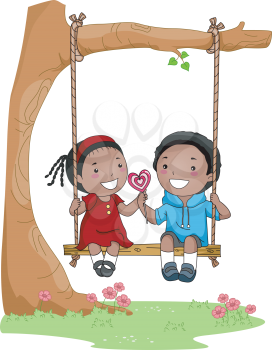 Royalty Free Clipart Image of a Boy and Girl on a Swing With a Valentine Lollipop