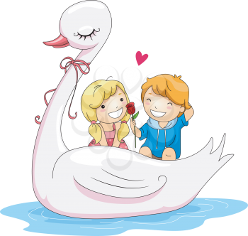 Royalty Free Clipart Image of Two Romantic Kids Riding a Swan