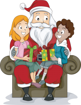 Royalty Free Clipart Image of a Boy and Girl in Santa's Lap