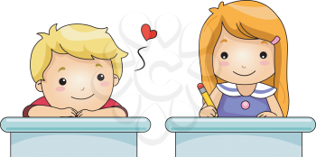 Royalty Free Clipart Image of a Boy Stealing Glances at the Girl in the Desk Next to Him
