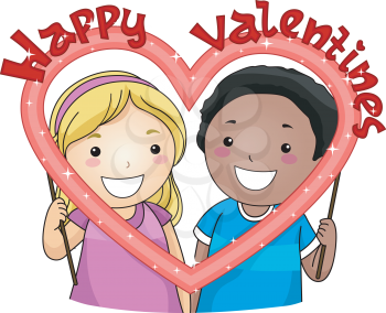 Royalty Free Clipart Image of Children Holding a Valentine Frame