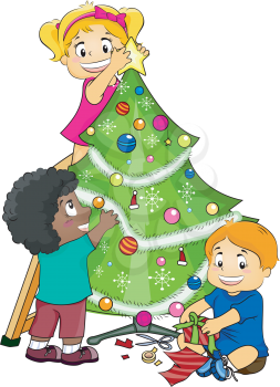 Royalty Free Clipart Image of Children Decorating a Christmas Tree