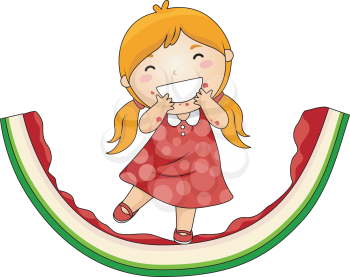 Royalty Free Clipart Image of a Girl Eating a Big Piece of Watermelon