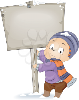 Royalty Free Clipart Image of a Child Holding an Empty Sign in Winter