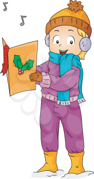Royalty Free Clipart Image of a Child Singing While Holding a Christmas Songbook