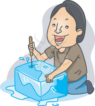Royalty Free Clipart Image of a Man Chipping at a Block of Ice