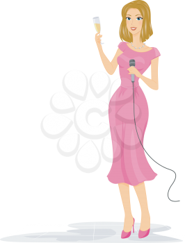 Royalty Free Clipart Image of a Woman With a Microphone Raising a Glass