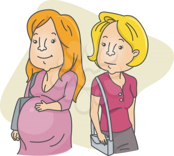 Royalty Free Clipart Image of a Woman Looking at a Pregnant Woman Beside Her