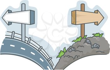 Royalty Free Clipart Image of a Smooth Road and a Bumpy Road