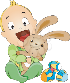 Royalty Free Clipart Image of a Baby With Eggs and a Bunny