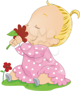 Royalty Free Clipart Image of a Baby Smelling a Flower