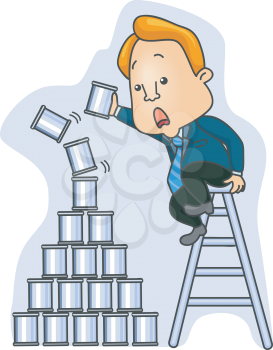 Royalty Free Clipart Image of a Man Building a Tin Can Pyramid