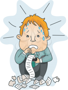 Royalty Free Clipart Image of a Man Adding Something and Sweating
