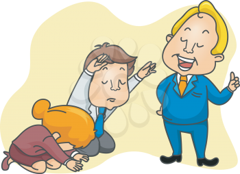 Royalty Free Clipart Image of Two People on Their Knees in Front of a Talking Man