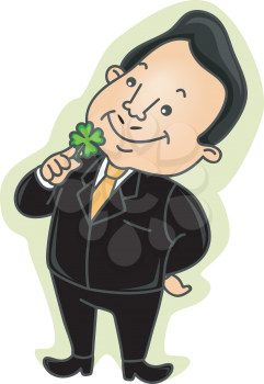 Royalty Free Clipart Image of a Man Holding a Four Leaf Clover