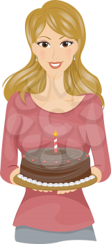 Royalty Free Clipart Image of a Woman With a Chocolate Cake With a Candle on It