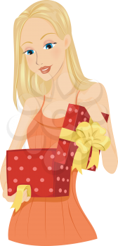 Royalty Free Clipart Image of a Woman Unwrapping a Present