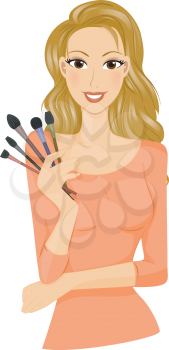Royalty Free Clipart Image of a Woman Holding Makeup Brushes