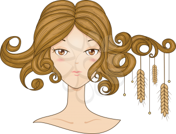 Royalty Free Clipart Image of a Girl With Wheat Hanging From Her Hair