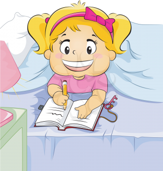 Royalty Free Clipart Image of a Girl Writing in a Book at Bedtime