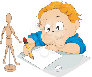 Royalty Free Clipart Image of a Boy Drawing With a Mannequin in Front of Them