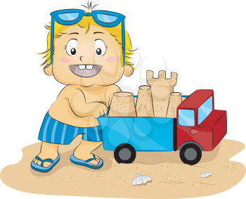 Royalty Free Clipart Image of a Baby Boy With a Sand Castle in a Toy Truck