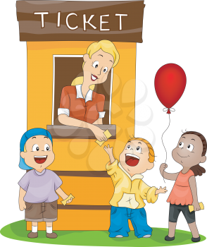 Royalty Free Clipart Image of Children, at a Ticket Booth