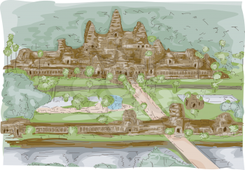 Royalty Free Clipart Image of a Sketch of Angkor Wat in Cambodia