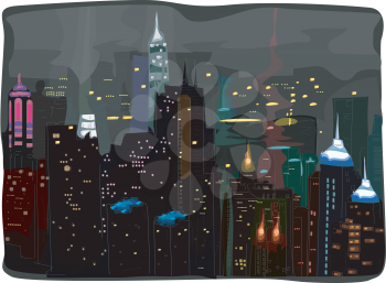 Royalty Free Clipart Image of an Urban Scene at Night